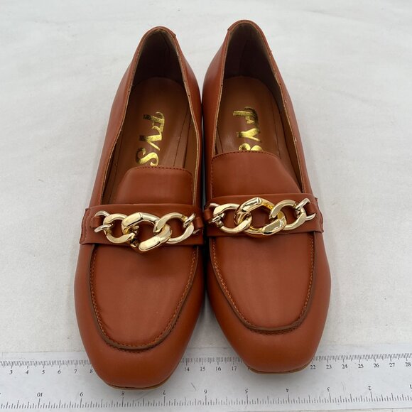 FYS Brown Closed Toe Loafer Flats No Heel Loafers with Gold Chain Walking Shoes - Picture 4 of 8